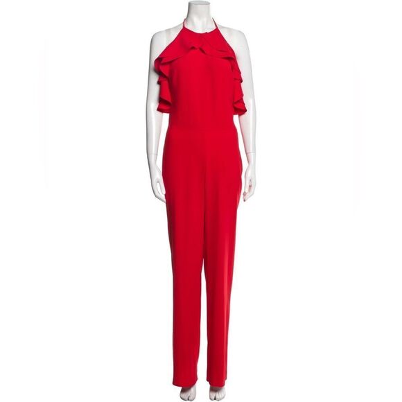 Intermix red ruffle neck halter jumpsuit large - Picture 2 of 12